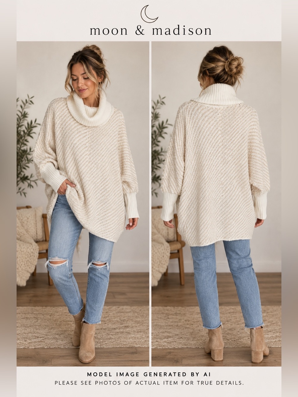Moon & Madison Oversized Cowl Neck Dolman Sweater Tunic Slouchy Cozy Boho Medium
